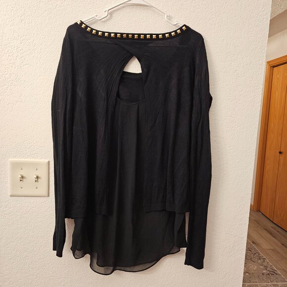 EXPRESS Black silk Top Over Sheer Tank Size L Gold Accents at Neckline - Picture 7 of 7